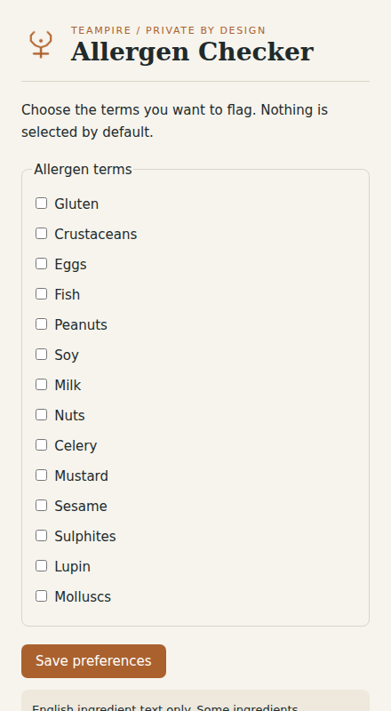 Allergen Checker extension interface